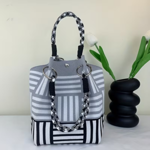Women's Retro Grey & White Striped Knit Foldable Handbag